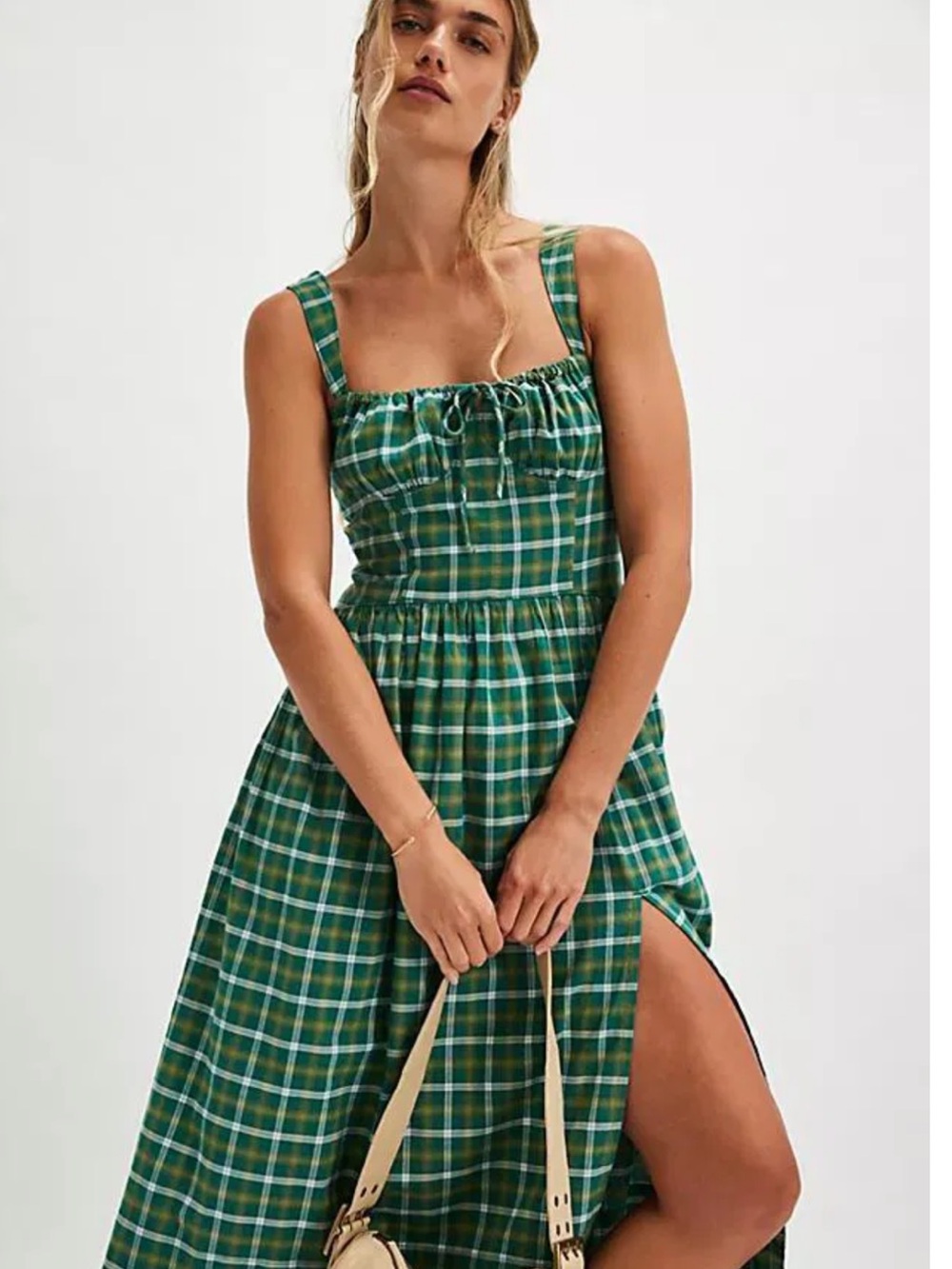 Free People Laters Baby Green Plaid Midi Dress Size Small